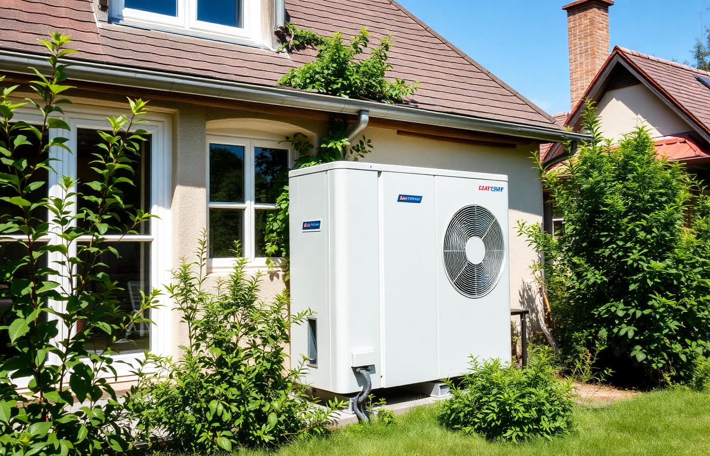 Unité extérieure de pompe à chaleur air/eau installée sur une maison en Normandie